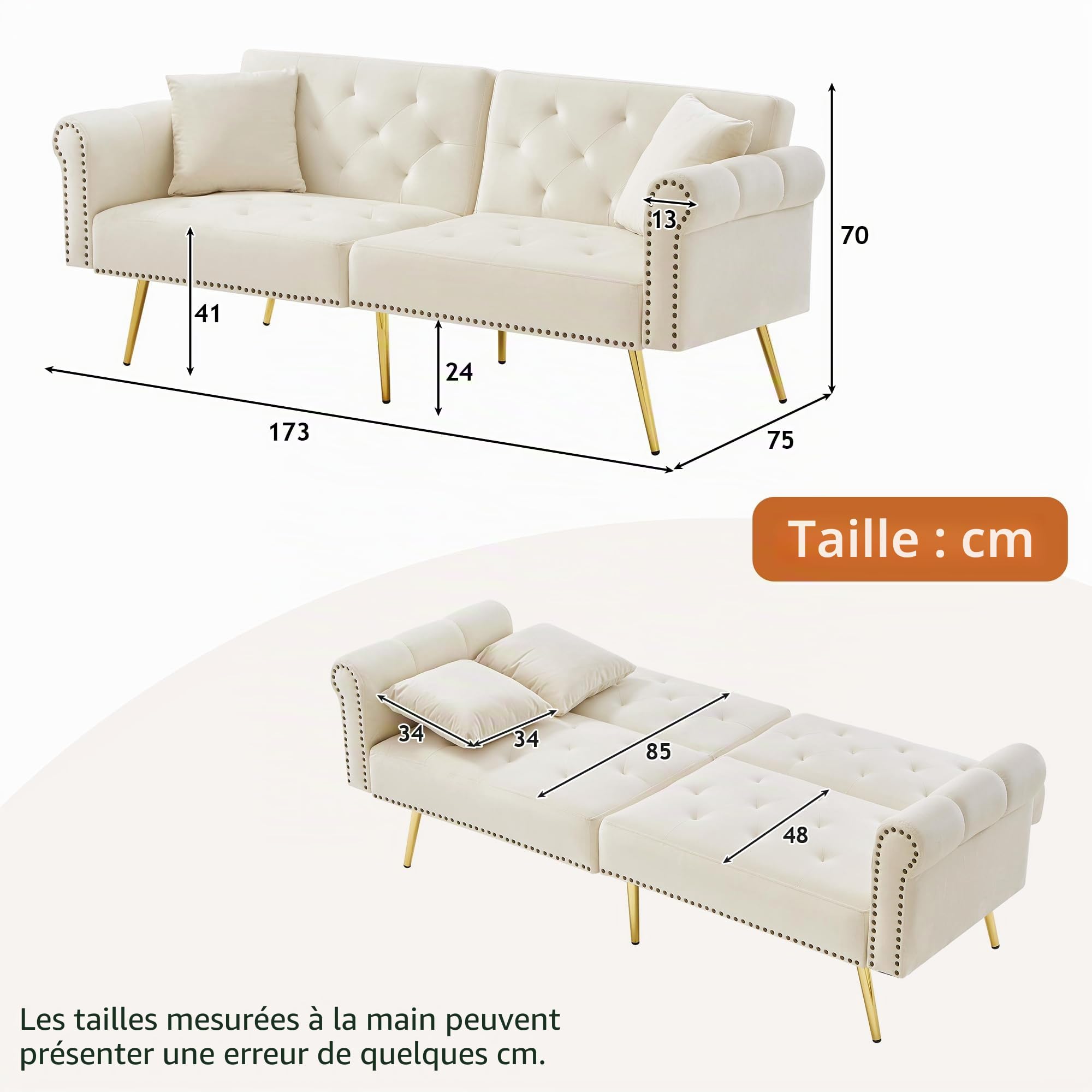 Canapé-lit moderne 2 places en velours avec dossier réglable à 3 niveaux, pieds en métal doré, élégant, fonction sommeil, gain de place, idéal pour les petites pièces (beige)