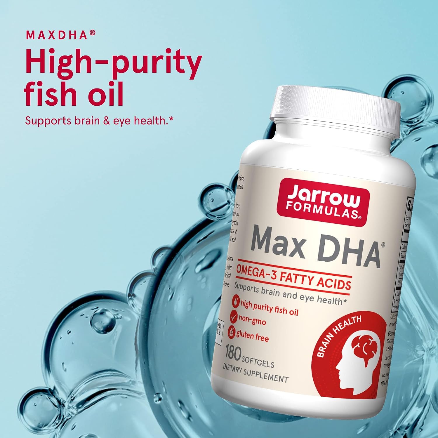 Jarrow Formulas MaxDHA - 180 Softgels - High Purity Fish Oil - Supplement Supports Brain & Eye Health - Concentrated in Omega-3 Fatty Acids & Enriched in DHA - 90 Servings