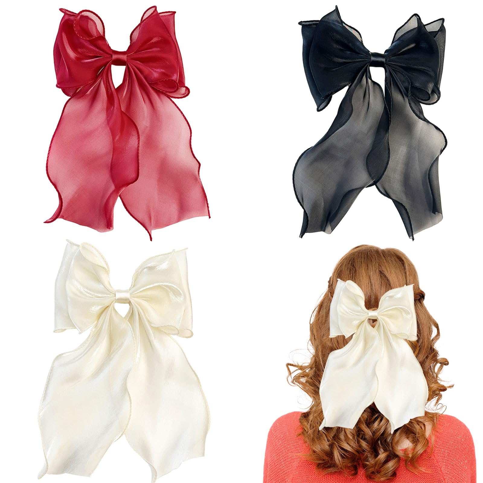 GWAWG Purple Bow Hair Clip Set, 3 Pcs Hair Bows for Girls Women Hair Accessories, Elegant Pink, Black, White Bow Clips