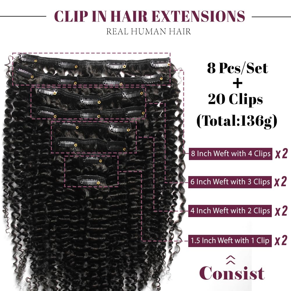 KRN Clip in Real Human Hair, 136g 8pcs Natural Black Hair Extensions Clip ins for Black Women Full And Thick Kinky Curly Clip in Human Hair Extensions 20 Clips Easy to Wear 14 Inch