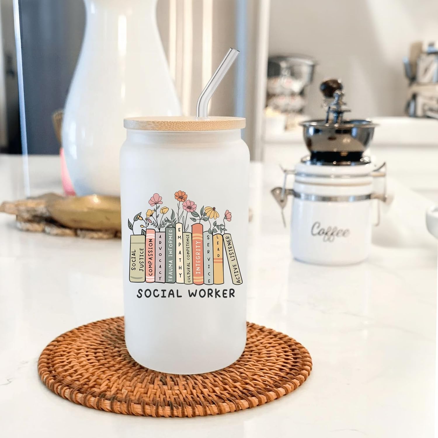 Social Worker Gifts for Women - Aesthetic Glass Cup with Lid and Straw, Social Work Month Appreciation Gifts Graduation Office Decor, Cute Iced Coffee Cup for Women, 16 oz - Image 4