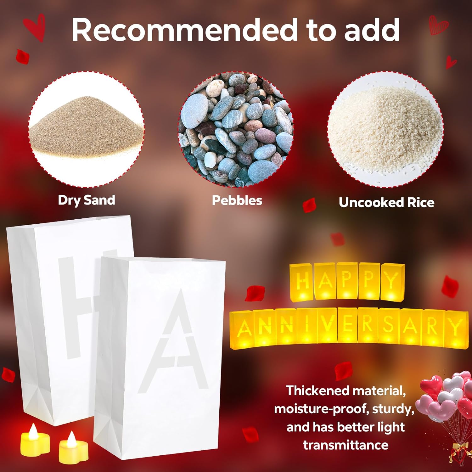 Happy Anniversary Light Up Letters with LED Heart Flameless Tealight Candle Red Rose Petal Letter Luminary Bag for Decoration Birthday Supplies Romantic Night Party