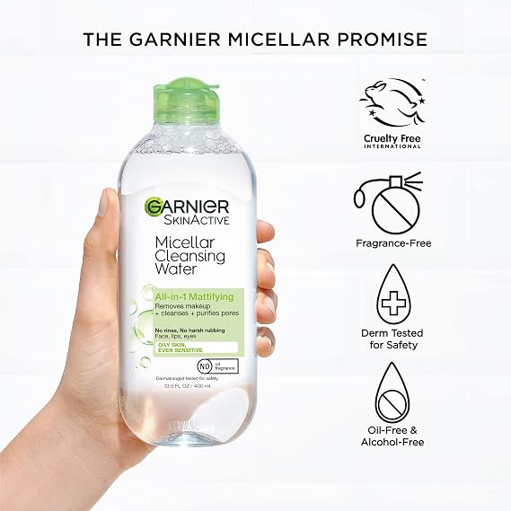 Garnier Micellar Water for Oily Skin, Facial Cleanser & Makeup Remover, Mattifying, For All Skin Types, Vegan, Cruelty Free, 13.5 Fl Oz (400mL), 1 Count