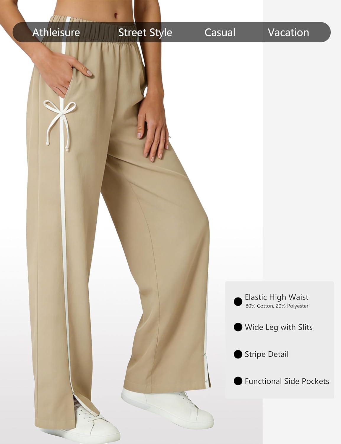 Women's Wide Leg Pants Contrast Side Stripe Bow Sweatpants Elastic Waist Casual Dailywear Trouser with Pockets image 4