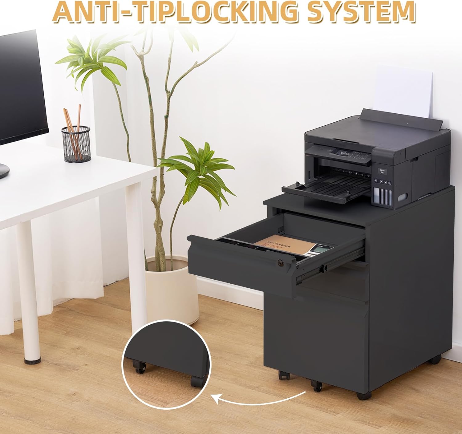 3 Drawer Mobile Filing Cabinet with Lock & Anti-Tip Wheel - Under Desk Metal File Cabinet - Fits Letter/Legal/A4 Documents - Rolling Desk Drawer Storage for Home Office