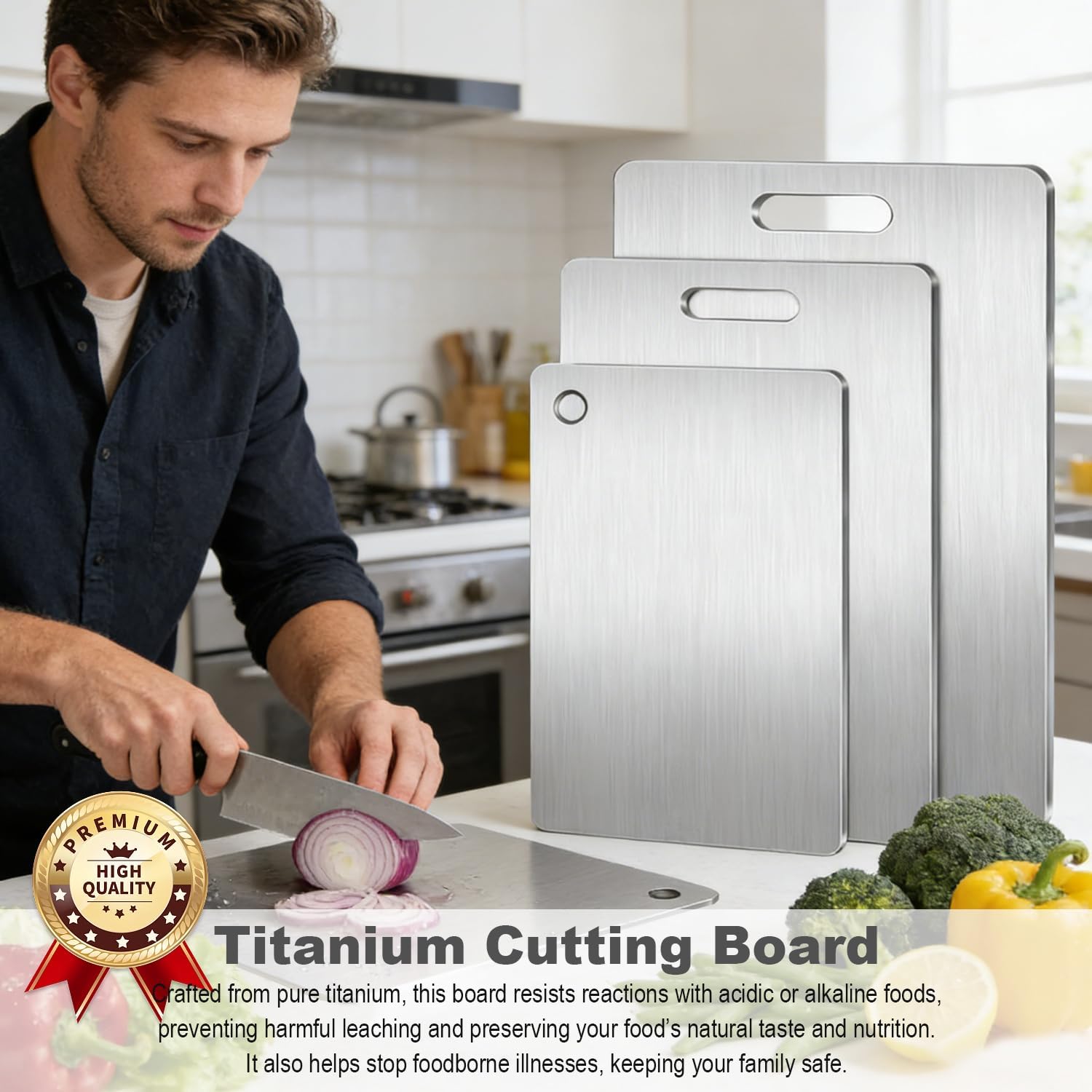 Titanium Cutting Board Set of 3, Titanium Cutting Boards for Kitchen, 100% Double Sided & Food-Grade Titanium Cutting Boards, Dishwasher Safe, Suitable for Separate Raw and Cooked Food (M+L+XL)