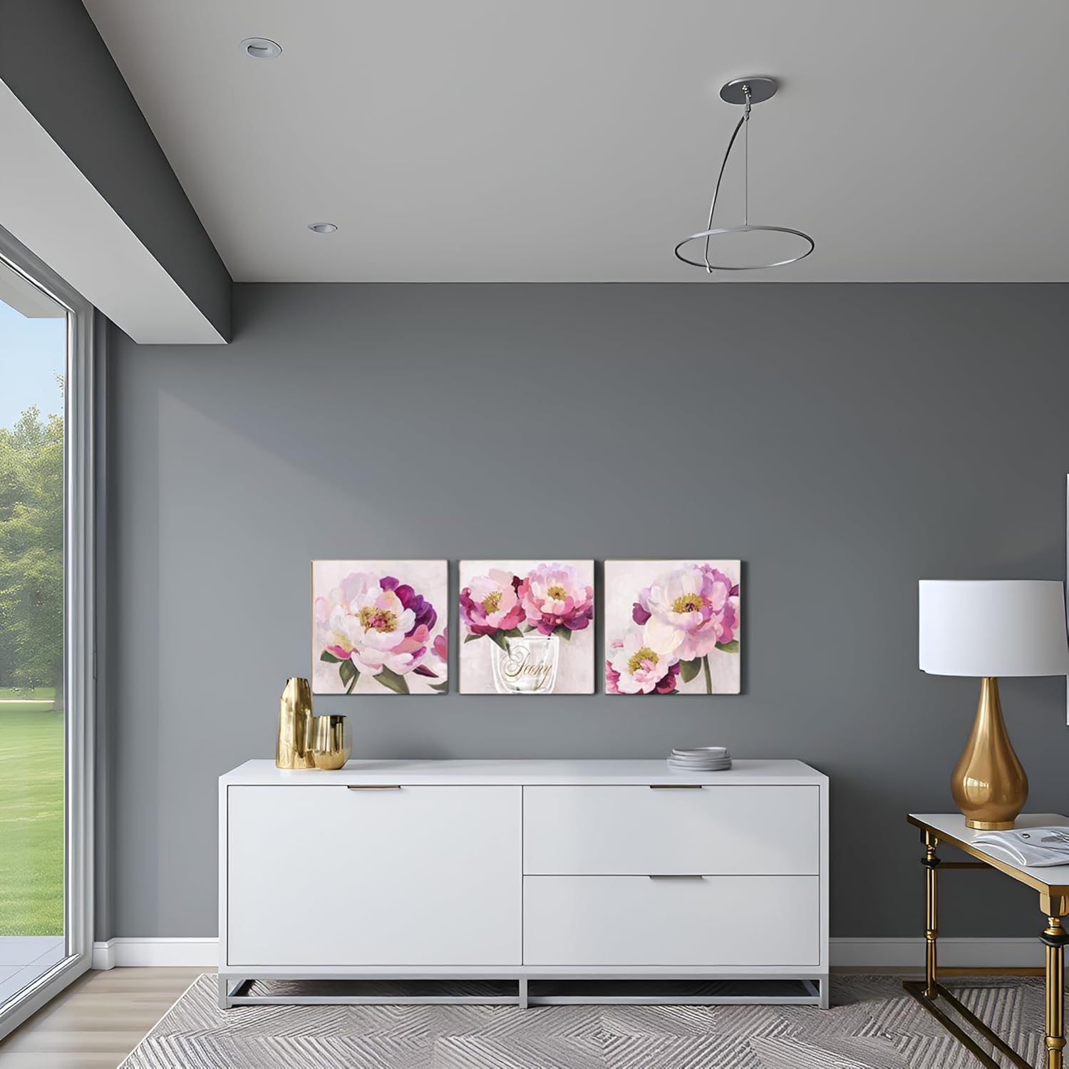 LevvArts Pink Peony Floral Canvas Wall Art Modern Flower Paintings Pink Bathroom Bedroom Decor, 3 Piece Set