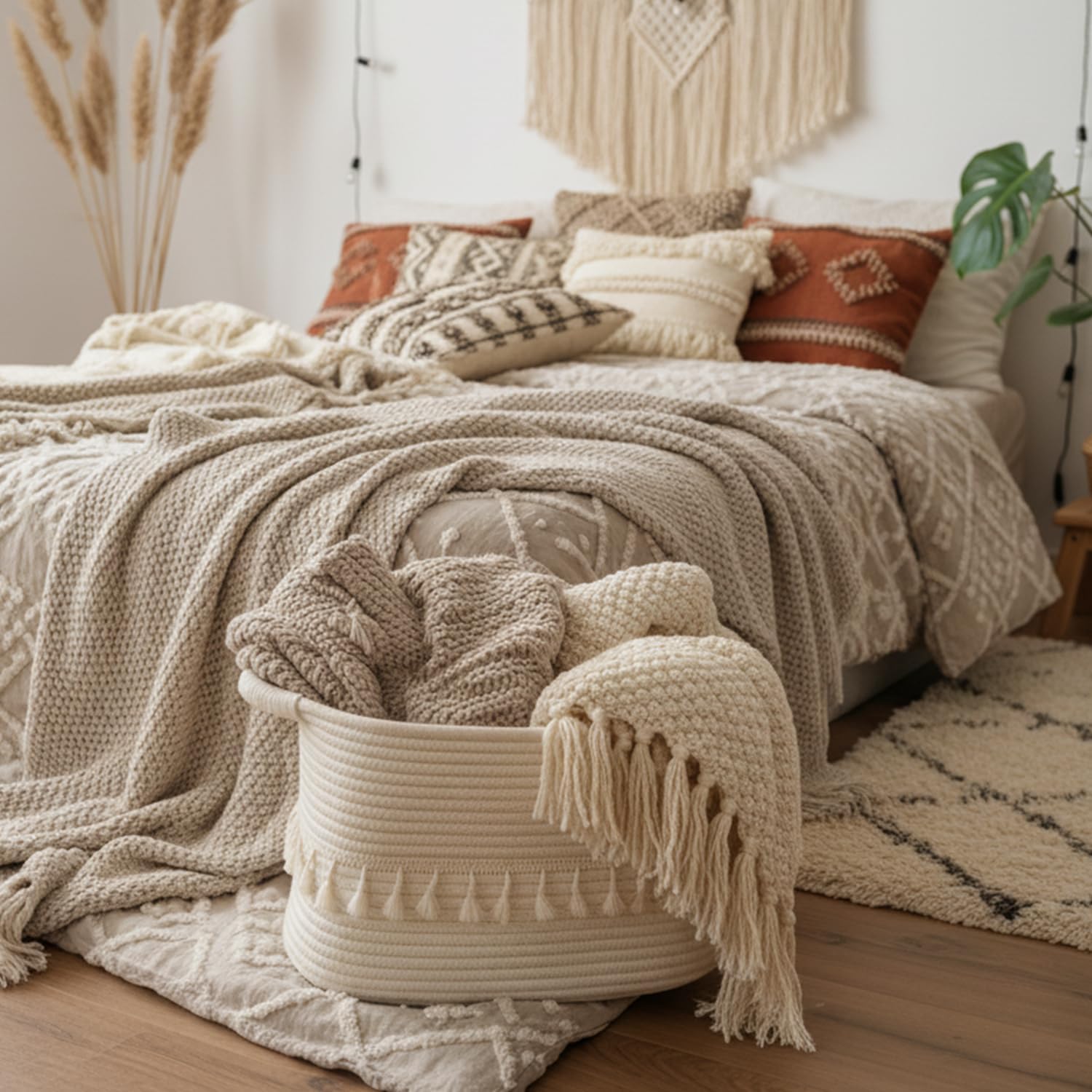 TeoKJ White Cotton Rope Baskets for Storage, Set of 3 Woven Clothes Basket for Organizing and Storage, Blanket Basket for Living Room Laundry Bathroom Shelves image 2