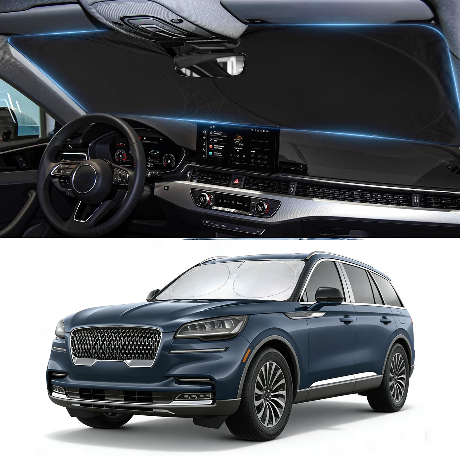Windshield Sun Shade for Lincoln Aviator 2020-2025 2026, Custom-Fit Aviator Sun Visor Protector, 99% UV Block Heat Sun Shield, Silver Reflective Front Window Sunshade