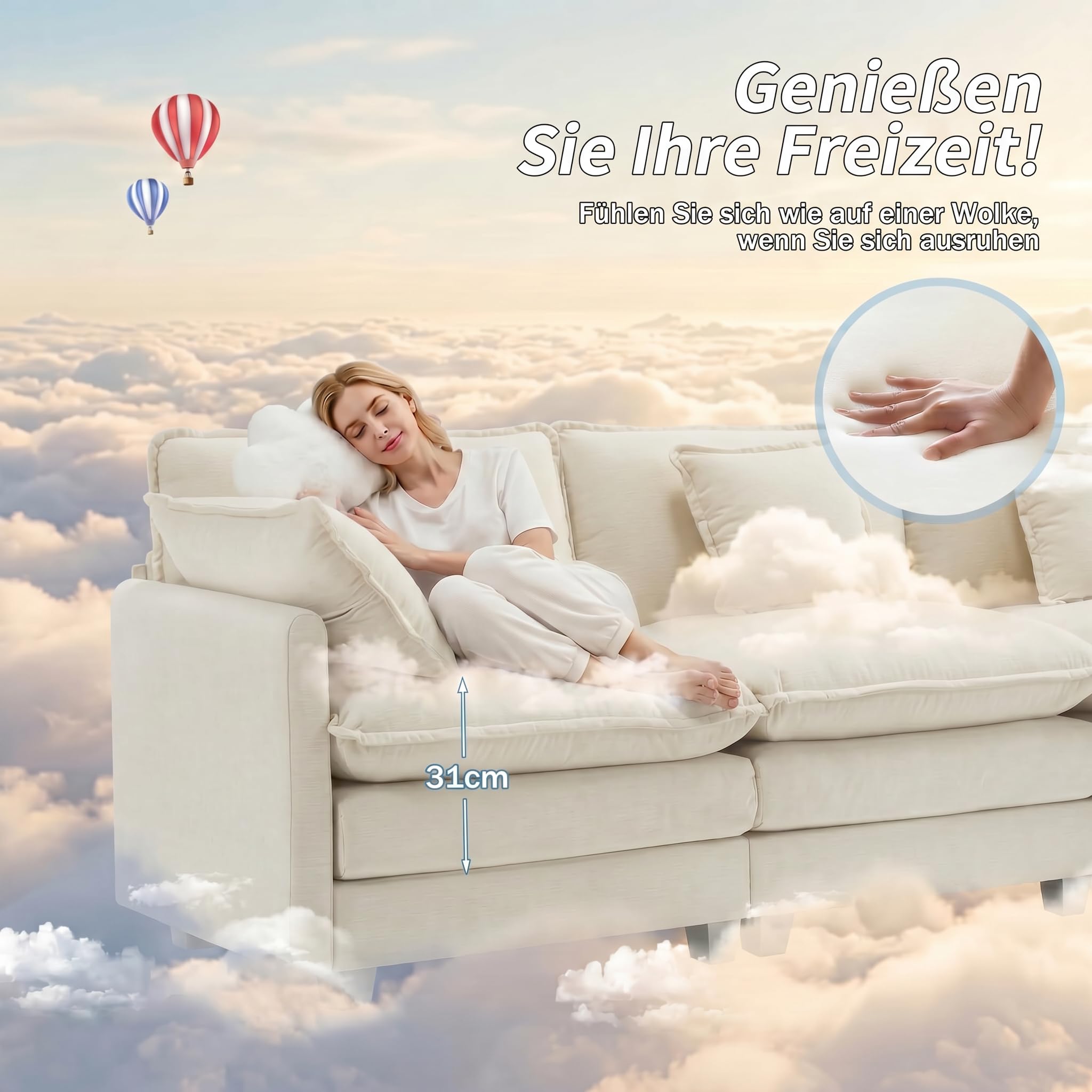 Urhanherry U-Form Cloud Sofa, Modulares Sektionssofa 6-Sitzer mit 2 Ottomanen, Modernes Sofa mit Dekokissen/Armlehnen, Atmungsaktivem Chenille-Stoff, U Sofa Couch für Wohnzimmer, Beige