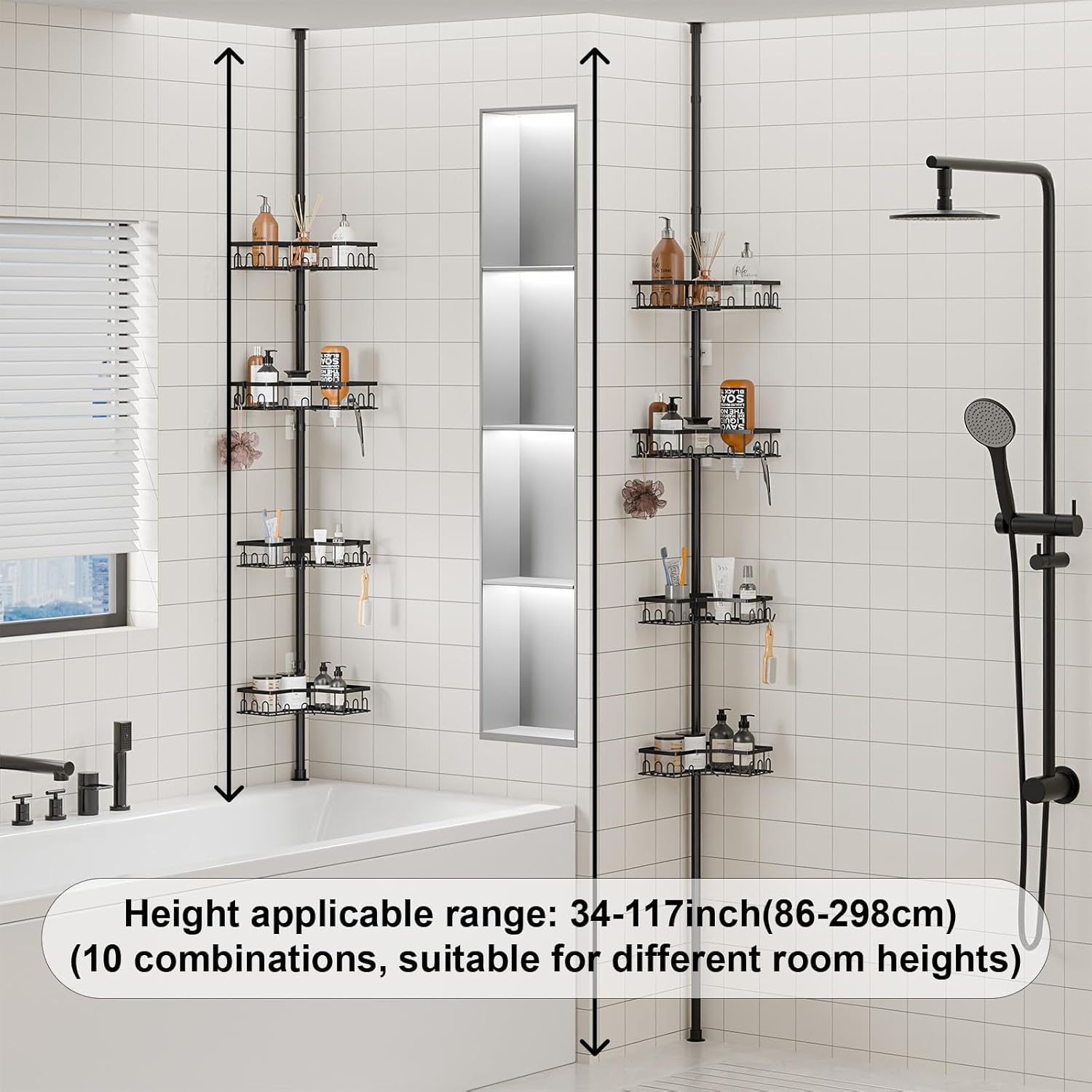Corner Shower Caddy Tension Pole - 4-Tier Shower Corner Shelf for Bathtub Bathroom Shower Organizer - Adjustable 34in-120in, Space Saving Bathtub Accessory Shelves, Black