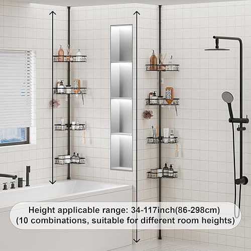 Miniatura 5 de Estante esquinero de tensión para regadera, estante esquinero de ducha de 4 niveles para bañera y baño, organizador de ducha, ajustable de 34 a 120