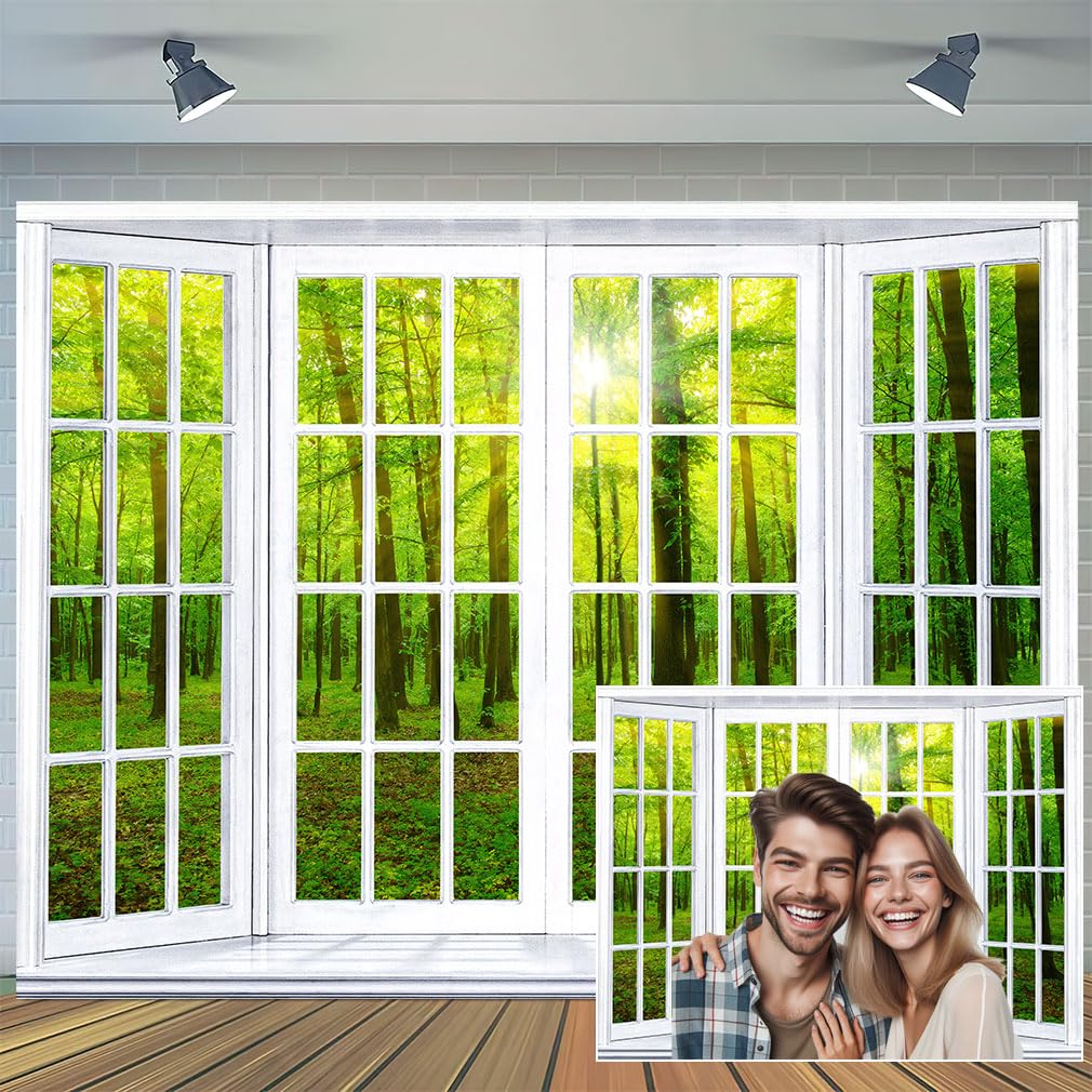 Spring Forest Backdrop Window Green Sunshine Natural Trees Photography Background Wedding Birthday Party Baby Shower Portrait Decor Office Video