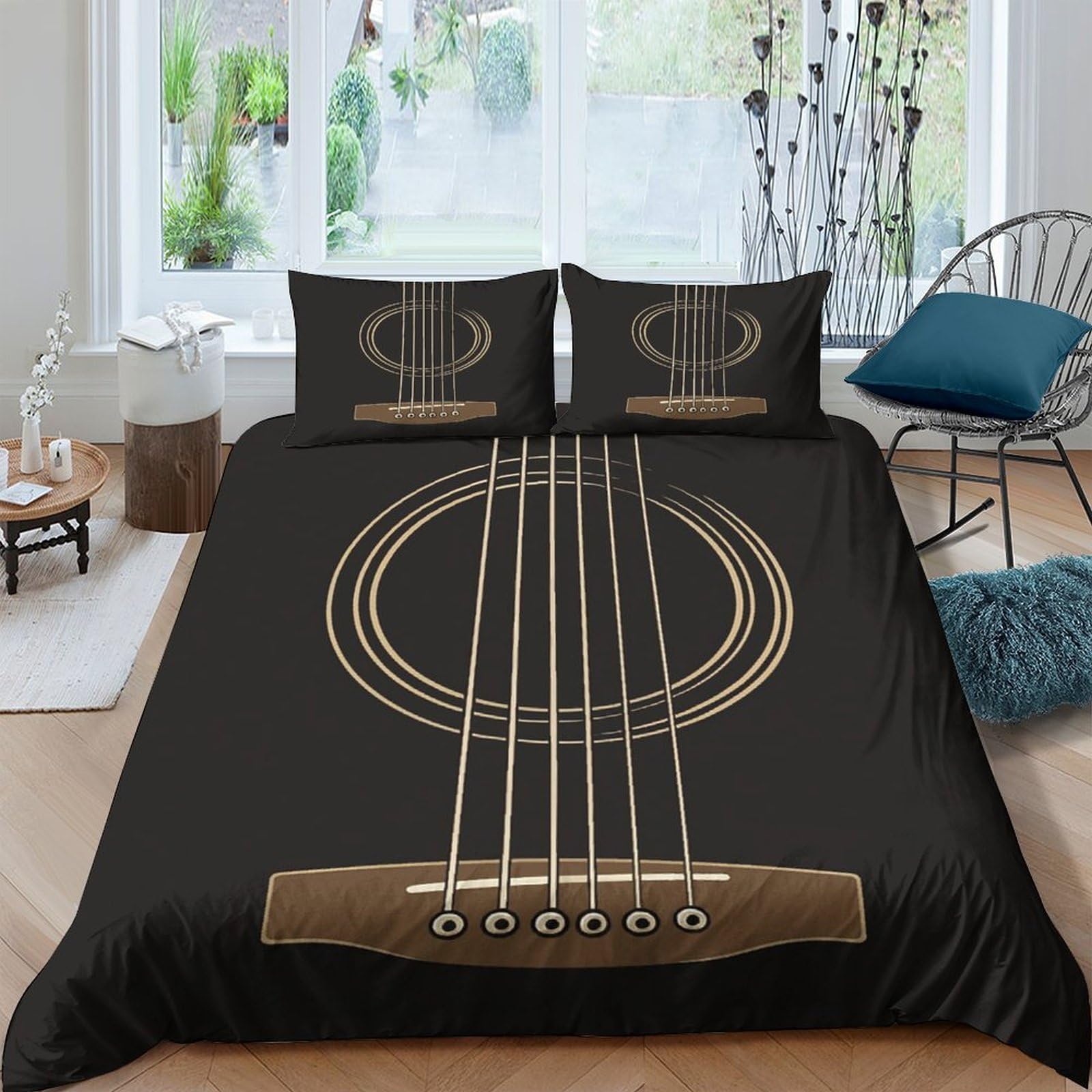 Ctjqhvkz Style-5 3D Printed Acoustic Guitar Fitted Sheet Microfiber Soft Black Music String Bed Cover For Bedroom Guest Room Decor Single（135X200cm）