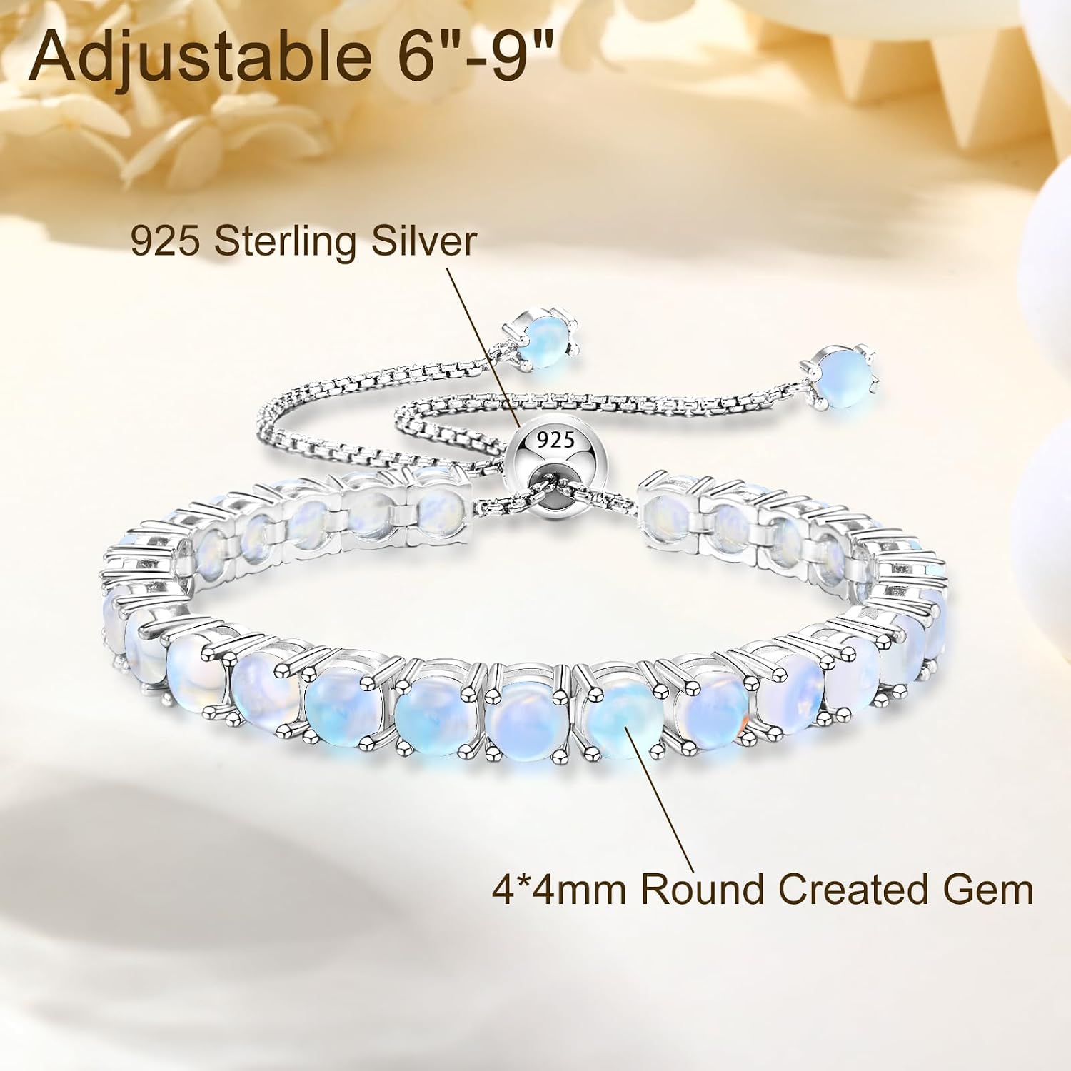 Birthstone Tennis Bracelet for Women Adjustable 6-9 Inches Hypoallergenic Sterling Silver Anniversary Fine Jewelry with White Gold Chain Birthday Valentine's Day Gifts for Women