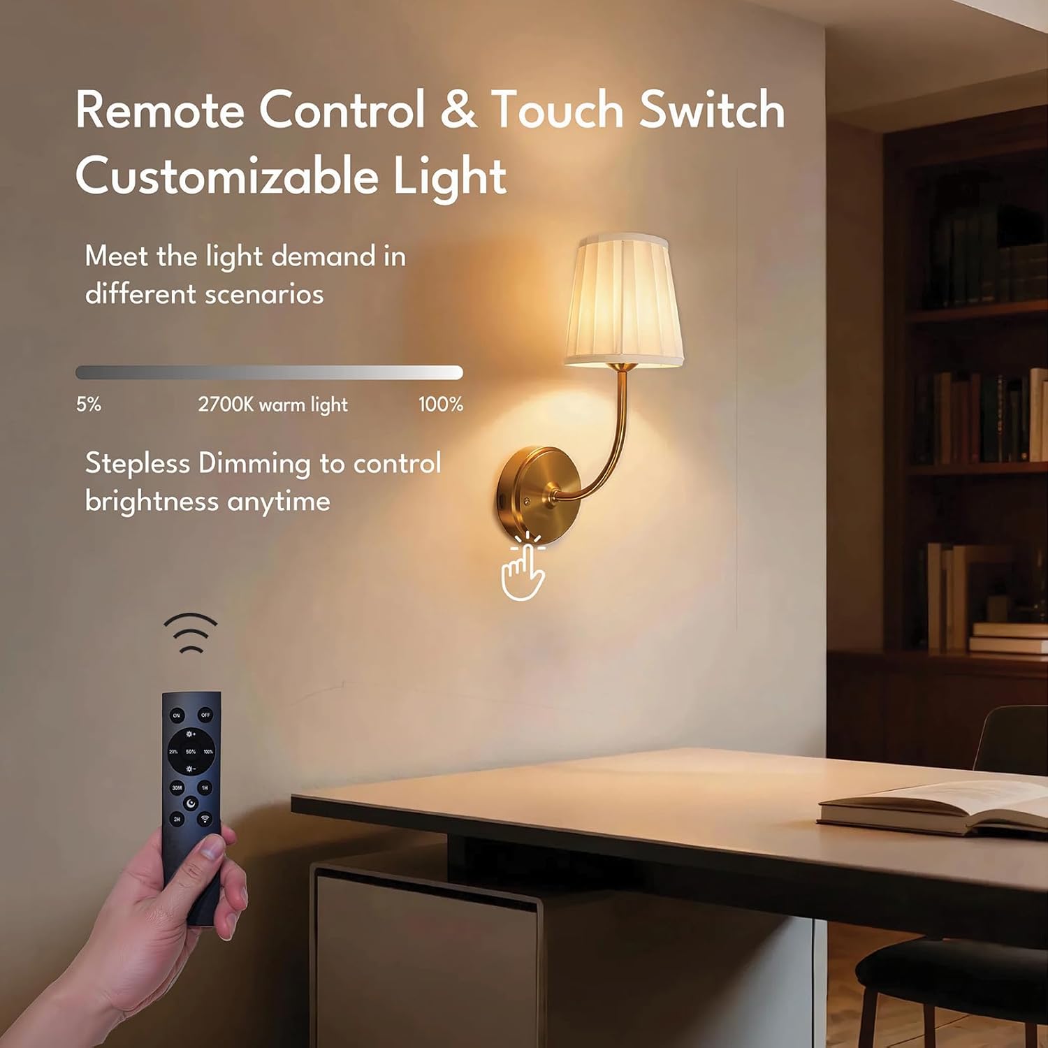 Battery Operated Wall Sconce Set of 2, Dimmable Wireless Gold Wall Lamp with 5200mAh Battery, Rechargeable Wall Sconce Light with Switch and Remote for Living Room, Bedroom, Hallway, Bathroom