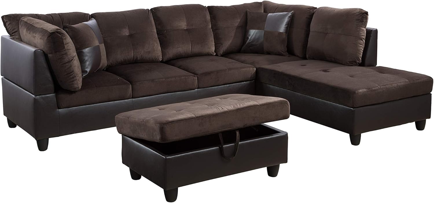 Golden Coast 3 PCS Sectional Sofa Set, L-Shaped Sectional Couch 103'' W for Living Room, with Storage Ottoman and Matching Pillows (Right Hand Facing, Chocolate) (NF10X)