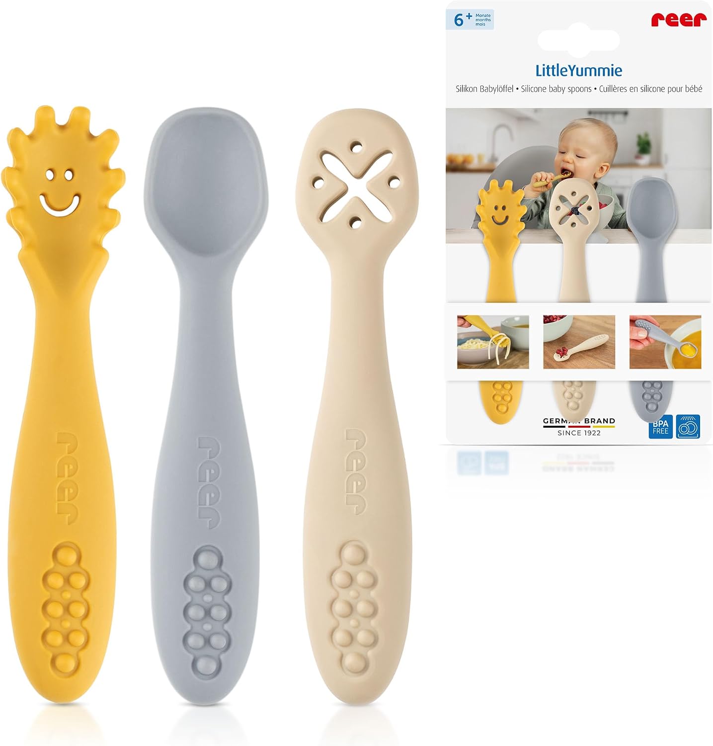 reer LittleYummie silikonowa łyżeczka dla niemowląt | baby led Weaning | Sztućce edukacyjne | Zestaw sztućców dla niemowląt | 100% silikon bezpieczny dla żywności