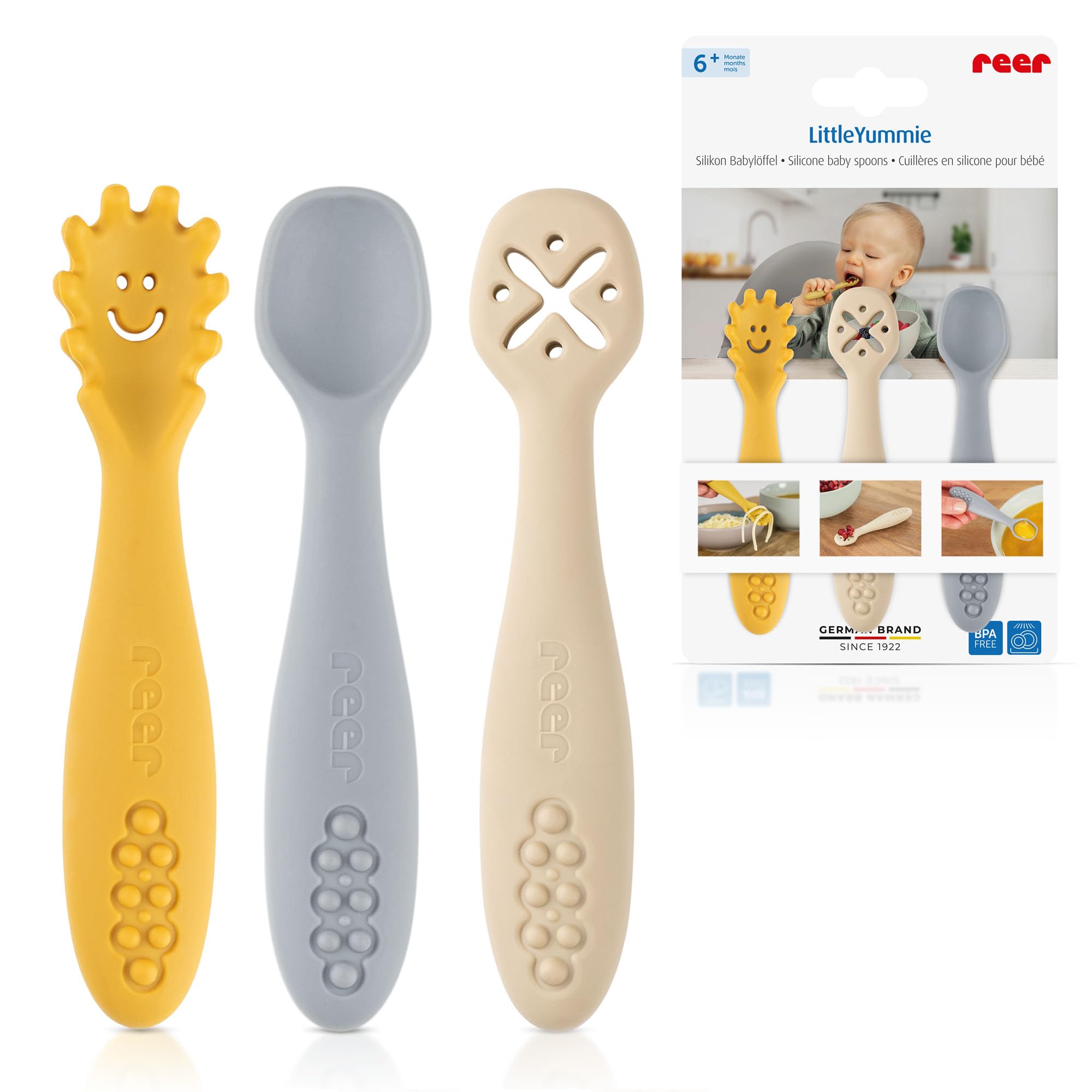 reer LittleYummie Silikon Babylöffel | Baby-led Weaning | Lernbesteck/Lernlöffel | Baby Besteckset | 100% lebensmittelechtes Silikon