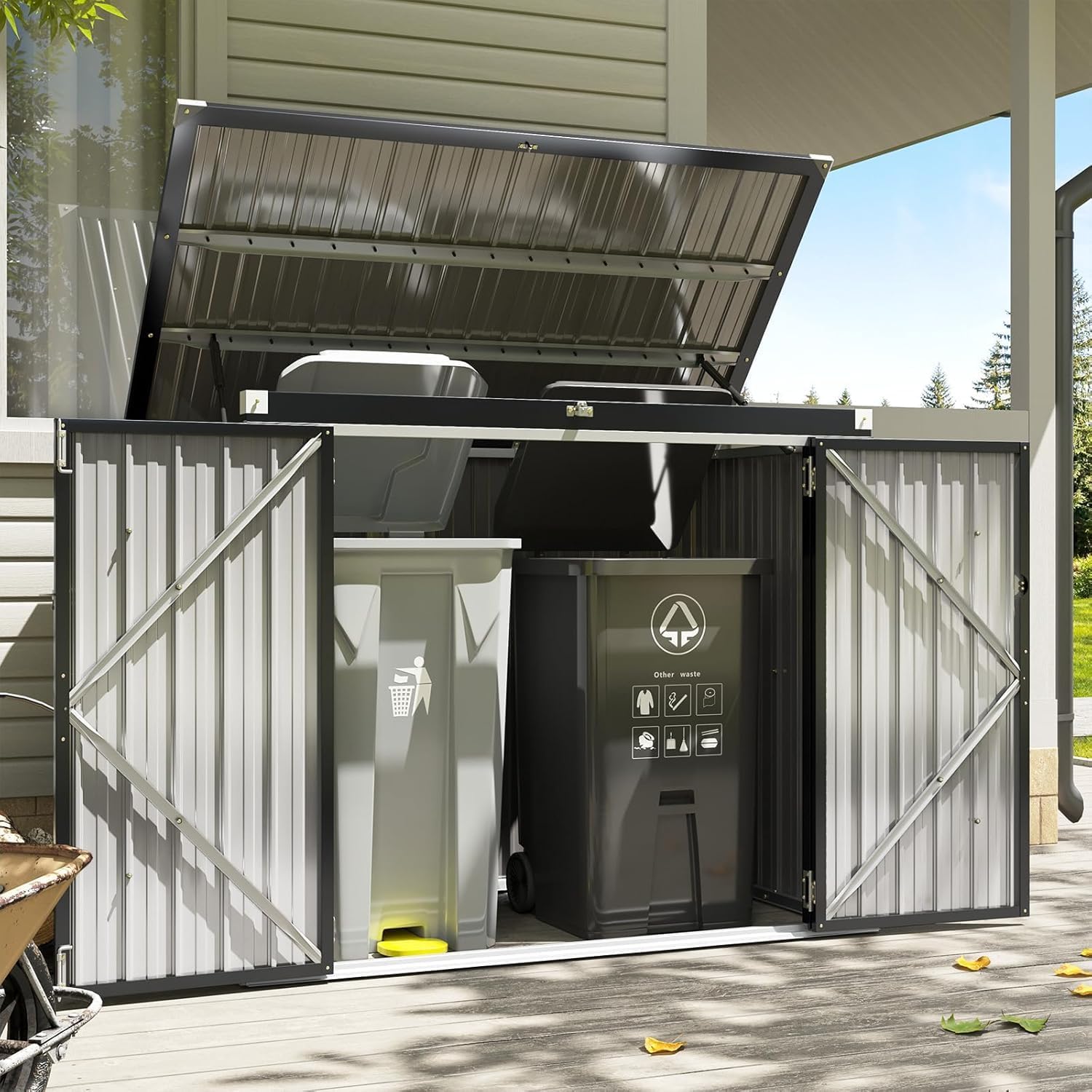 60 Cu.Ft Outdoor Trash Can Storage Shed – Metal Waterproof Outdoor Garbage Can Organizer with Chain Lid, Ideal for Trash Bins, Toys, Garden Tools for Garden/Backyard/Patio Black