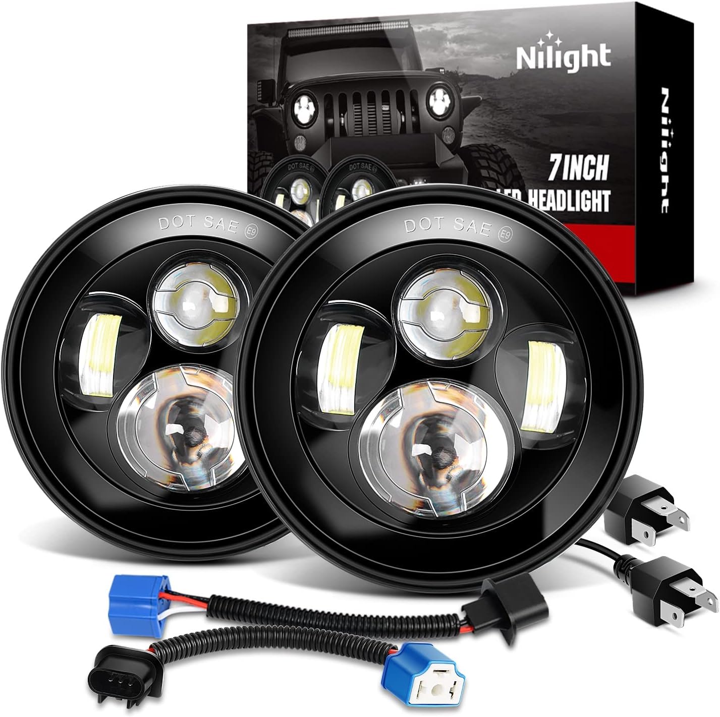 Nilight 2PCS 7 Inch Round Cree Headlight High Low Beam for Wrangler JK TJ CJ 1997-2017 Rubicon Sahara Hummber H1 H2 Motorbikes