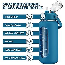kytffu 56oz Glass Water Bottles with Straw, Motivational Glass Bottle with Silicone Sleeve and Time Marker, Leakproof Large Glass Water Jug for Gym Home Office,Iron Blue