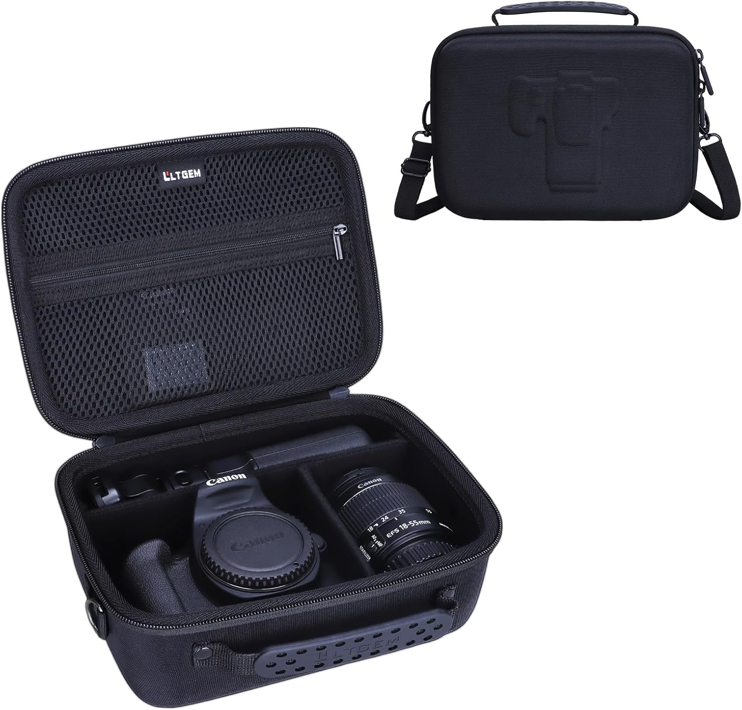 L LTGEM Hard Camera Case Compatible with Canon EOS Rebel T7, R50, R6 Mark II, R100, DSLR SLR Cameras, Lenses, and Tripods, Camera Travel Bag, Featuring 4 Dividers and a Shoulder Strap, Black