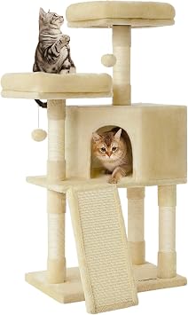 Feandrea Cat Tree, 45.3-Inch Cute Cat Tower, Plush Climbing Condo, Beige
