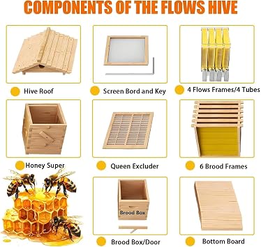 Flow Beehive Starter Kit, Automatic Honey Flow Hive with Frames & Honey Tap, Wooden Beehive Kit for Backyard Beekeeping, Beginner Friendly Bee Hive Box