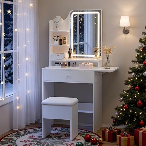 Miniatura 7 de FUXA Small Vanity with Chair, Makeup Vanity Desk with LED Mirror and 3 Light Modes, Girls Vanity Set with Charging Station, Compact Vanity Table
