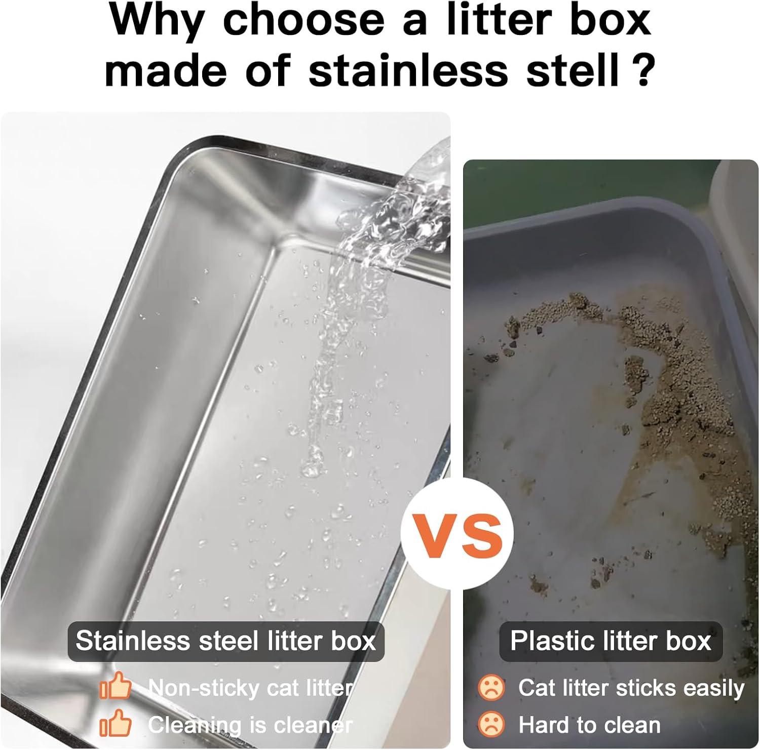 2 Pcak Stainless Steel Litter Box，Cat Rust Proof Metal Litter Box XL High Sides Large Enclosure Non-Sticky Pet Toilet for Cat Kitten Rabbit 16 x 12 x 4 inch(Medium-2packs)