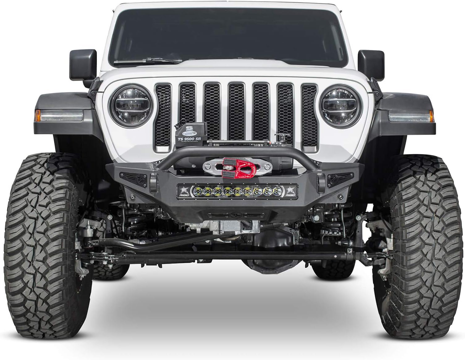 Addictive Desert Designs F964902080103 Rock Fighter Front Bumper Hammer Black Skid Color Satin Black Mount 20 in. Radius LED or 5 Cube Lights Low Profile Top Hoop Rock Fighter Front Bumper