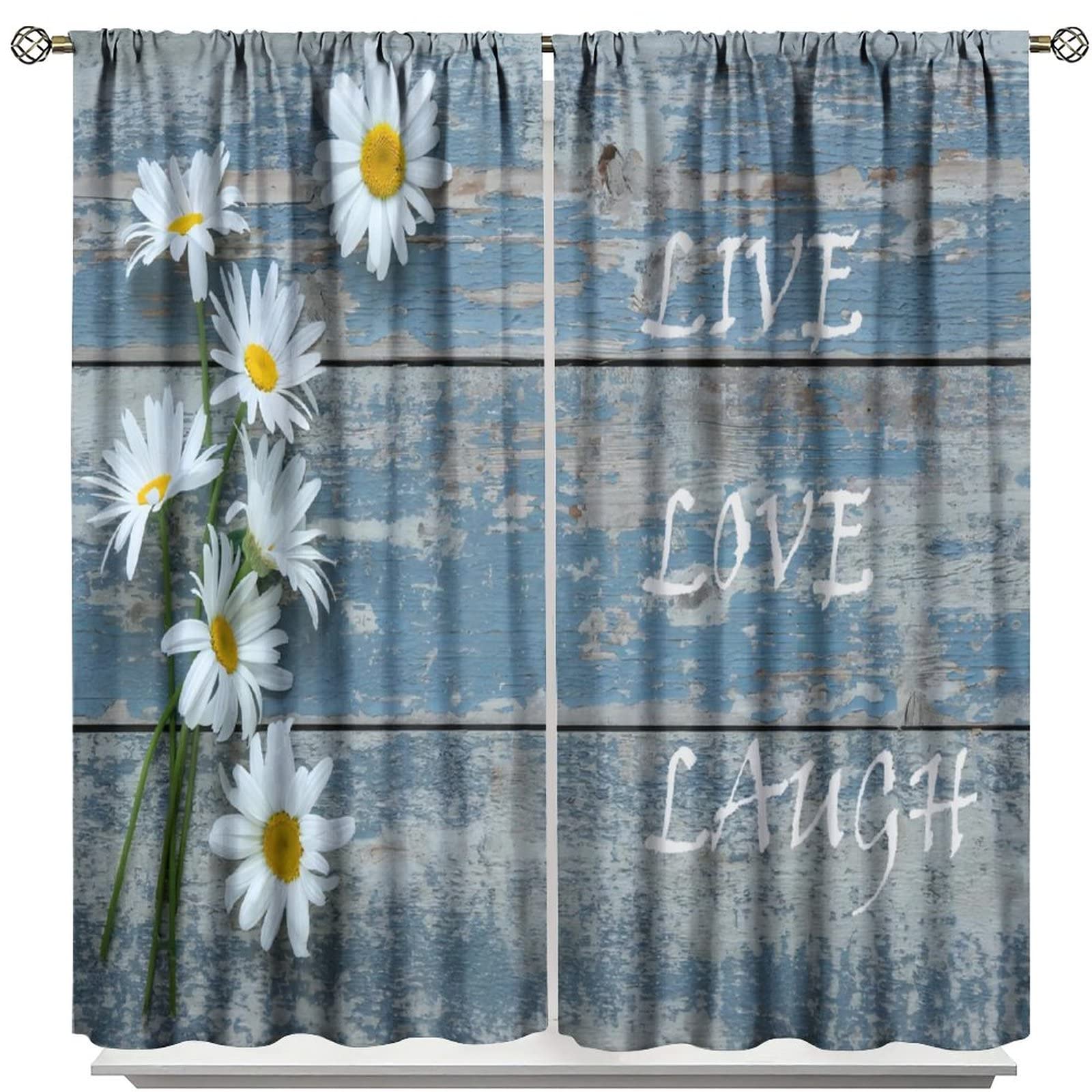 Rustic Floral Kitchen Curtains,Retro Farmhouse Cabin Lodge Daisy Flower Country Farm Style Window Door Curtains for Bedroom Living Room Home Decor W72xL63in