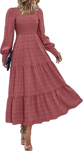 KIRUNDO Spring Dresses for Women 2026 Wedding Guest Maxi Long Sleeve Summer Smocked High Waist Flowy Party Cocktail Dress