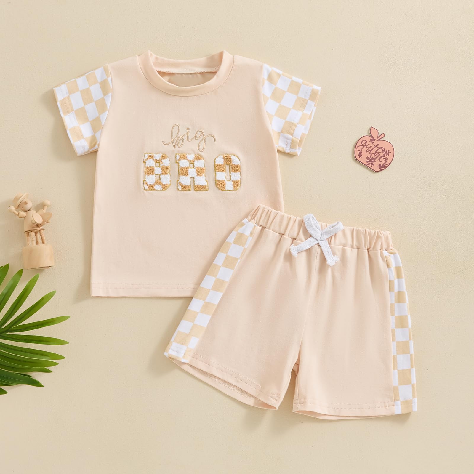 CHAUKAREAUL Summer Sister Matching Outfits Letter&Floral Embroidery Short Sleeve T-Shirt with Solid Color Shorts (Apricot-plaid big, 12-18 Months)