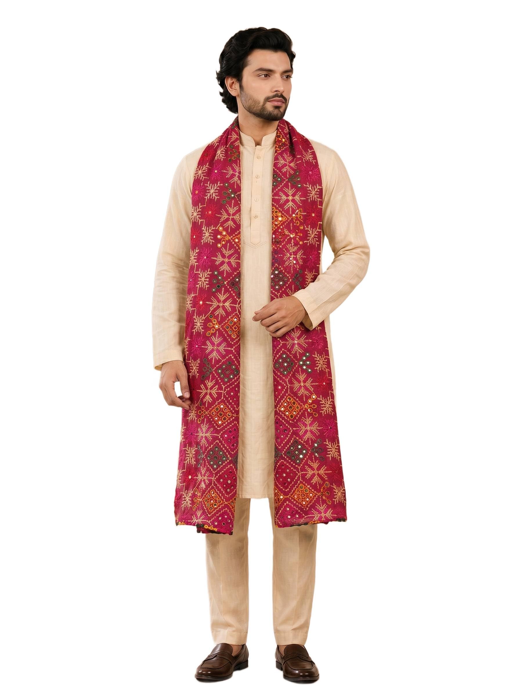 zamour Men’s Punjabi Phulkari Bagh Embroidered Dupatta in Pure Cotton Fabric | Elegant Lightweight Phulkari Dupatta |Perfect for Festival, Wedding & Cultural Events-picture-10