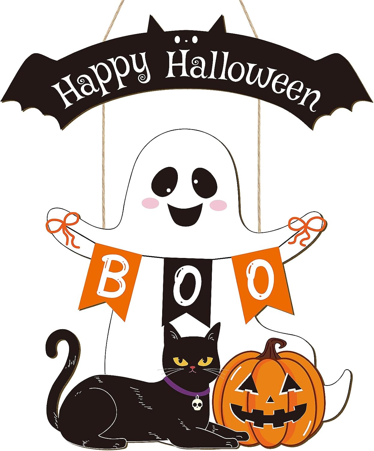 Halloween Decorations Wooden Halloween Ghost Door Wreath for Front Door Sign Wall Decor Signs Black Cat Pumpkin Ghosts Bat Welcome Sign Hanging for Home Wall Party Outdoor Indoor Supply Vintage Office