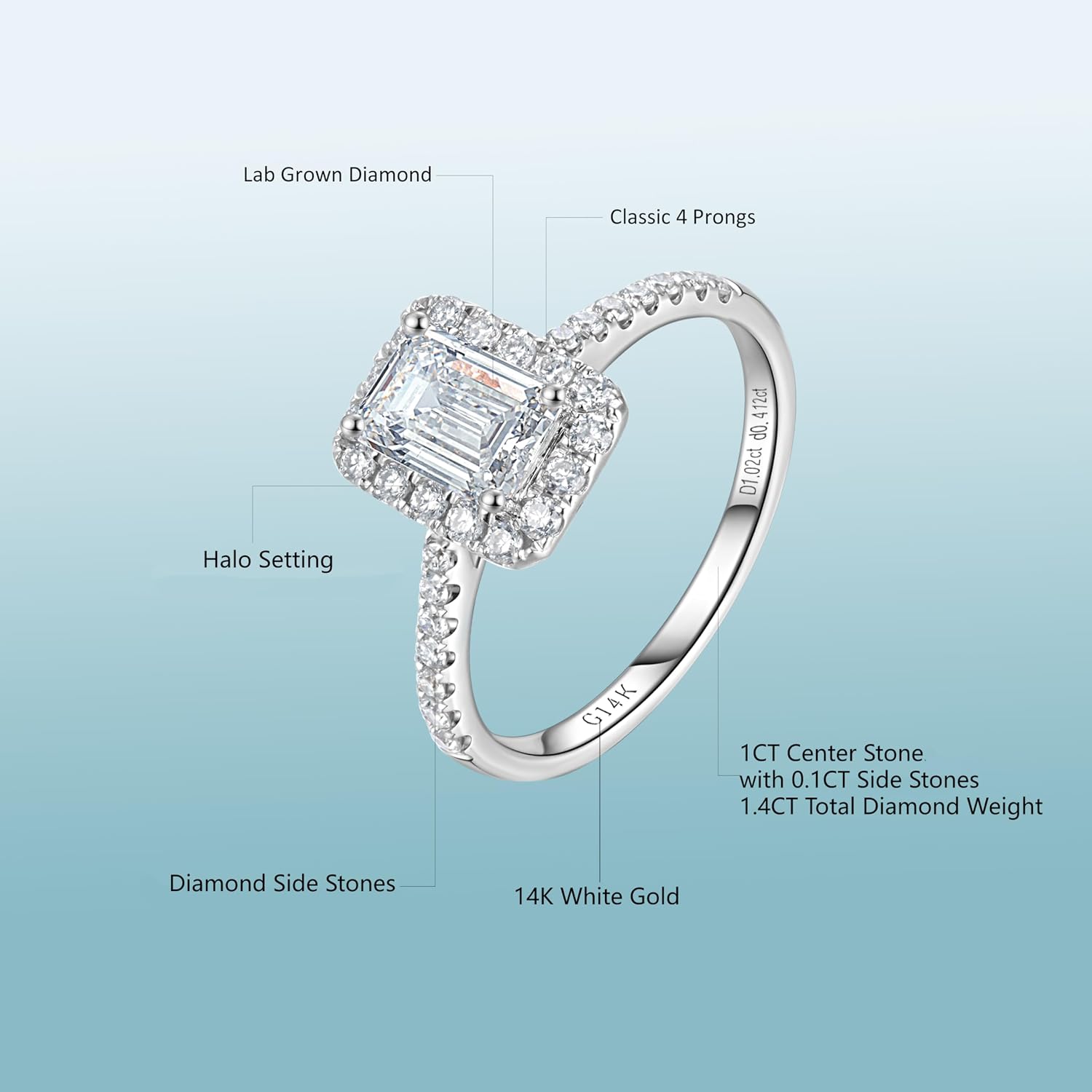 Halo 14k White Gold 0.5 to 2.5 Cttw IGI Certified LAB Grown Diamond Engagement Rings with Side Stones, Anniversary Wedding Promise Rings Jewelry Gifts for Women, Clarity VS1-VS2, D E F Color