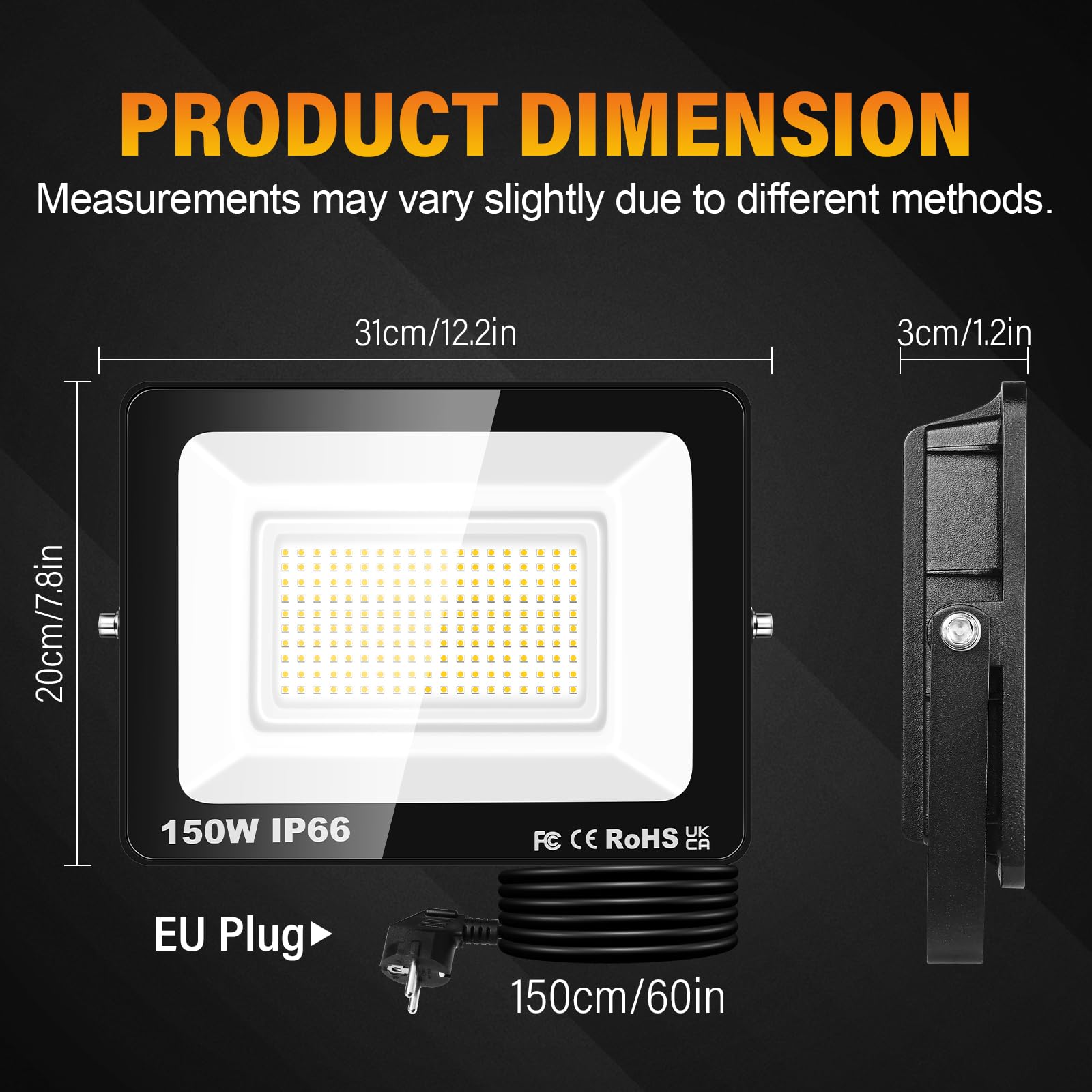 RIGIDON Faretto LED 150W, Faro da Esterno con Spina, Faretti 15000LM Impermeabile IP66, Fari Led Interna ed Esterna 3000K Bianco caldo Fari di Sicurezza per Giardino, Cortile, Garage