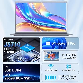 BLUEING Laptop Computer, 8GB RAM 256GB SSD Laptop, Pentium Quad-Core Processor(Up to 2.64GHz), 14-Inch 1080P FHD IPS, Wi-Fi 5, BT5.0, Win 11, Laptops for Students, Lightweight