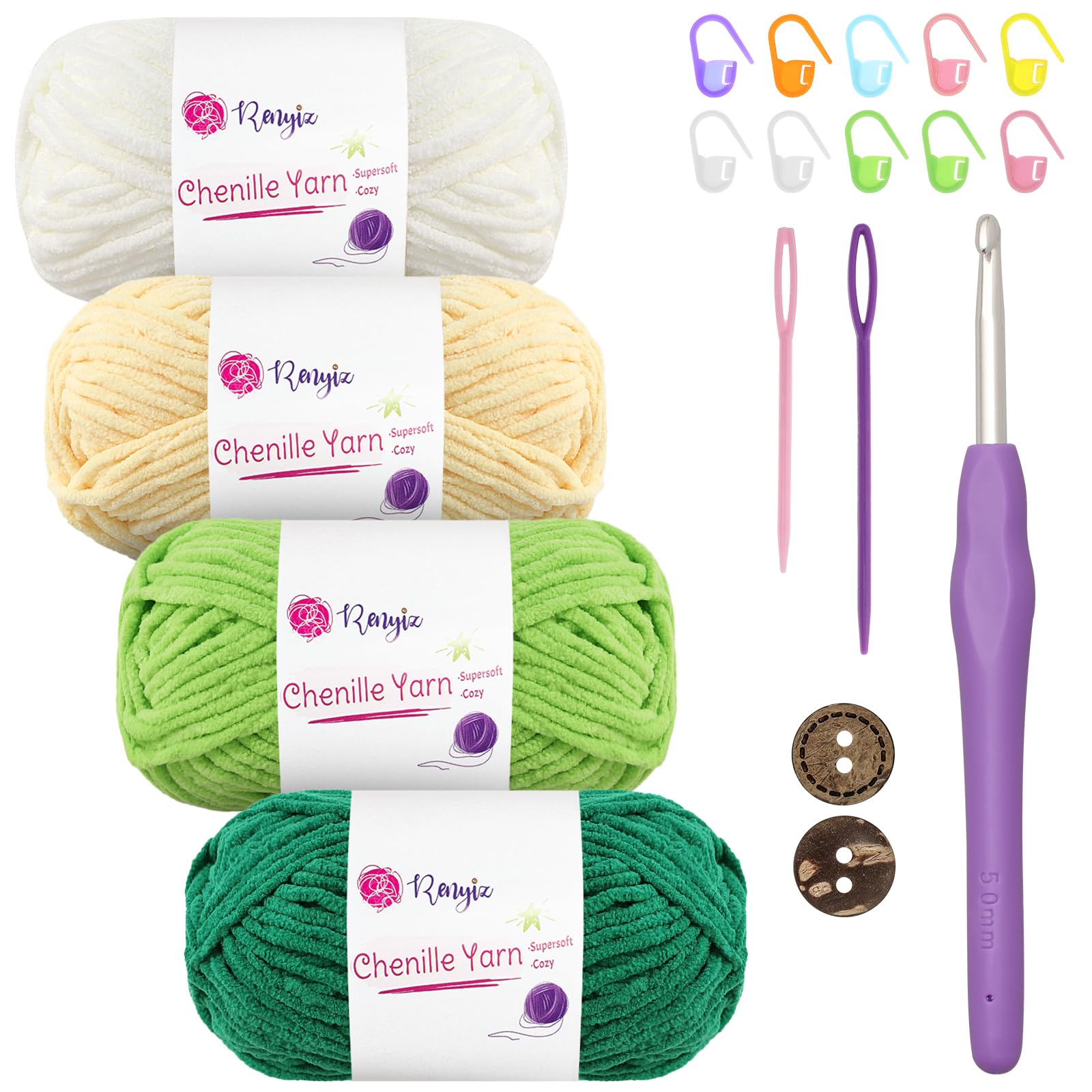Chunky Chenille Yarn 4x50g (60m/Skein) Fluffy Knitting Wool with 5mm Hook, Ideal for Beginners