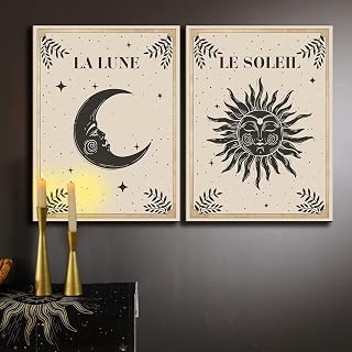 Geetery 2 Pcs Celestial Moon and Sun Wall Decor Wood Tarot Cards Boho Witchy Wall Decor Wooden Hanging Art Mystic Astrology decoration for Home Bedroom Living Room Gallery, No Frame