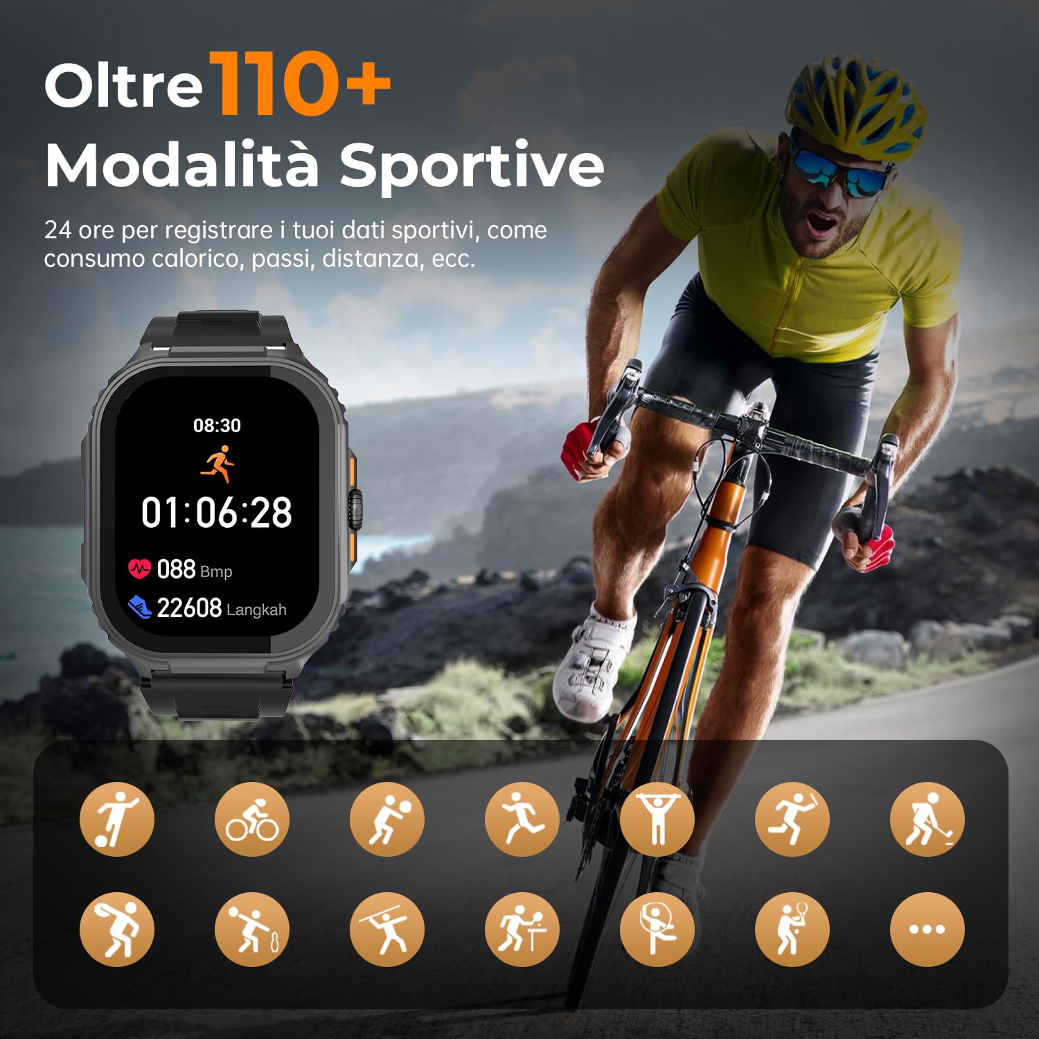 Smartwatch Uomo, 2,01" Militare Orologio con Effettua/Risposta Chiamate, IP68 Impermeabile Sportivo Rilevatore Attività, Cardiaca/SpO2/Sonno Monitor, 110+ Fitness Modalità Sportive per iOS/Android