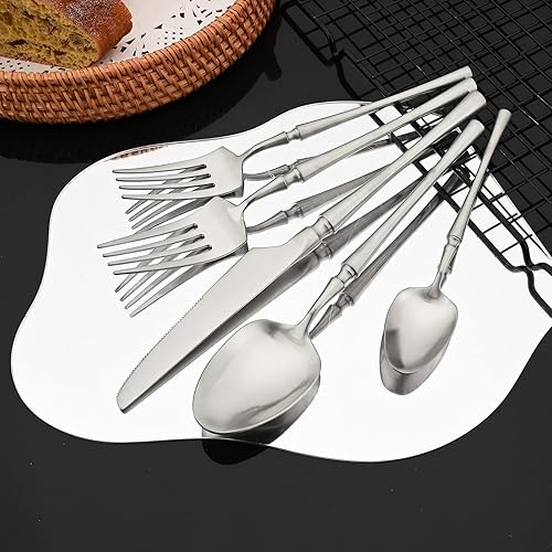 Miniatura 28 de JASHII Juego de cubiertos de 20 piezas con acabado satinado, juego de cubiertos de acero inoxidable 304, servicio para 4, tenedores de postre, juego