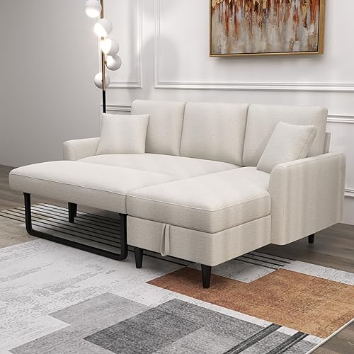 3 in 1 Convertible Sleeper Sofa Bed, Modern Soft Fabric 3 Seat Sofa Futon Couch Pullout Bed with Storage Chaise and Pillows, Small L-Shaped Sofa for Small Space, Living Room