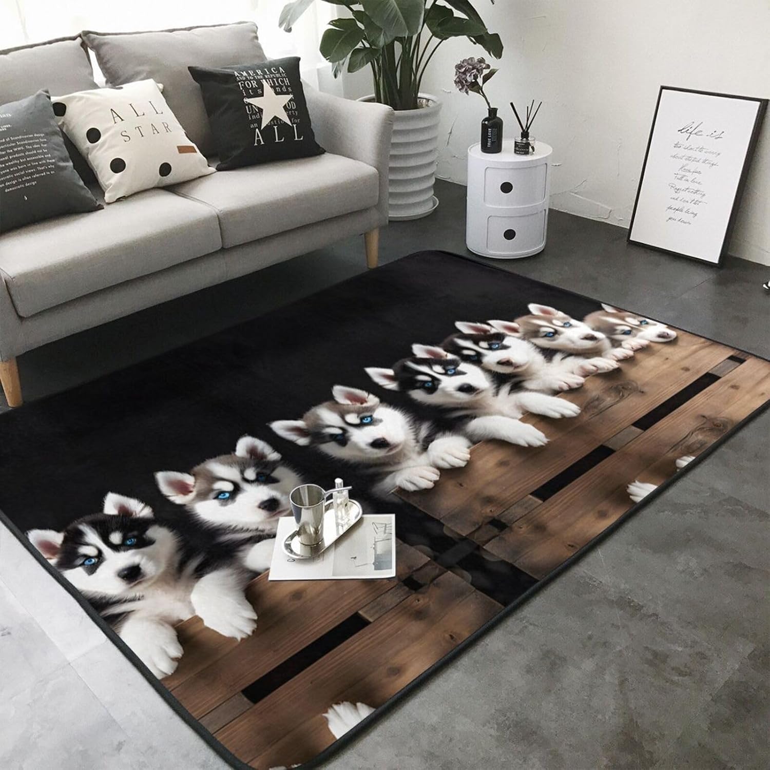 Flannel Non-Slip (Husky Puppies Dogs) Rug Pad 80×50in Soft Washable Protective for Hardwood Floors Bedroom Bathroom Living Room