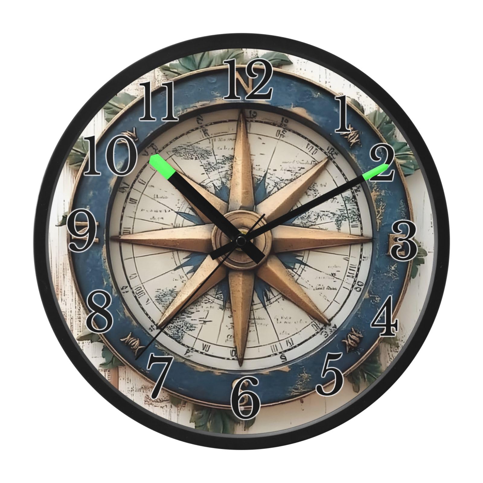 ALAZA Reloj de pared de madera con brújula náutica rústica que brilla en la oscuridad, funciona con pilas, 12 pulgadas, silencioso, sin tictac, luz nocturna para dormitorio