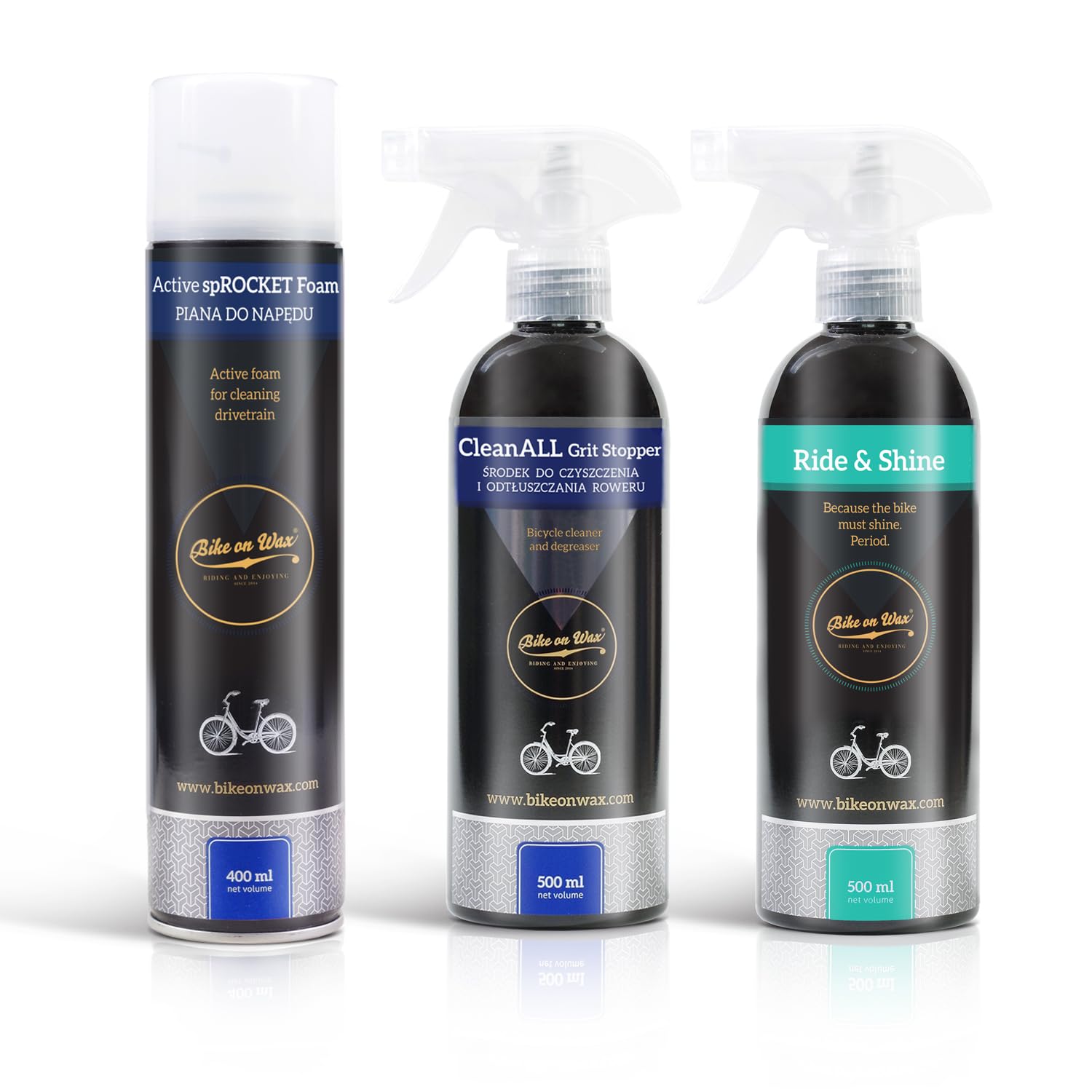 Pack Bike on Wax Shining Ride: SpROCKET Foam Ride & Shine & CleanALL Grit Stopper, Nettoyant Dégraissant et Poli, Mousse de Nettoyage Concentrée et Spray de Polissage, Élimine les Grosses Saletés