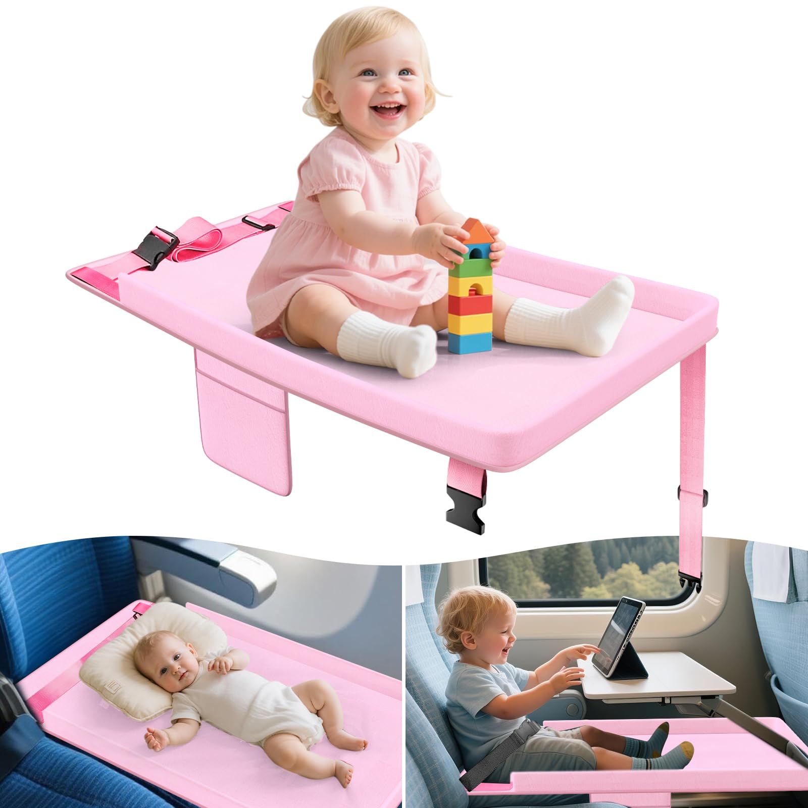 Photo 1 of omzer Toddler Airplane Bed - Airplane Seat Extender for Kids - Barrier Designed Flyaway Kids Bed Airplane with Pockets - Portable Plane Bed Foot Rest for Flights Travel Essentials Pink