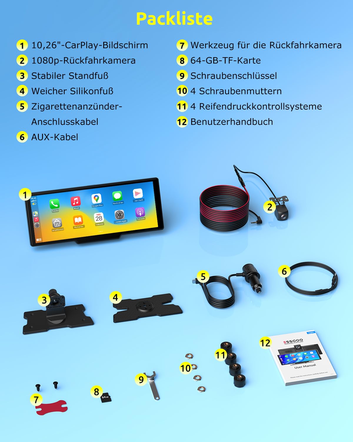 ESSGOO 10.26 Zoll Kabelloses CarPlay Display mit 4K Dashcam,1080P Rückfahrkamera & 4 Reifendruckkontrollgeräte Drahtlos CarPlay & Android Auto,Bluetooth 5.3,Mirror Link,GPS,FM,Sprachsteuerung,64GB TF